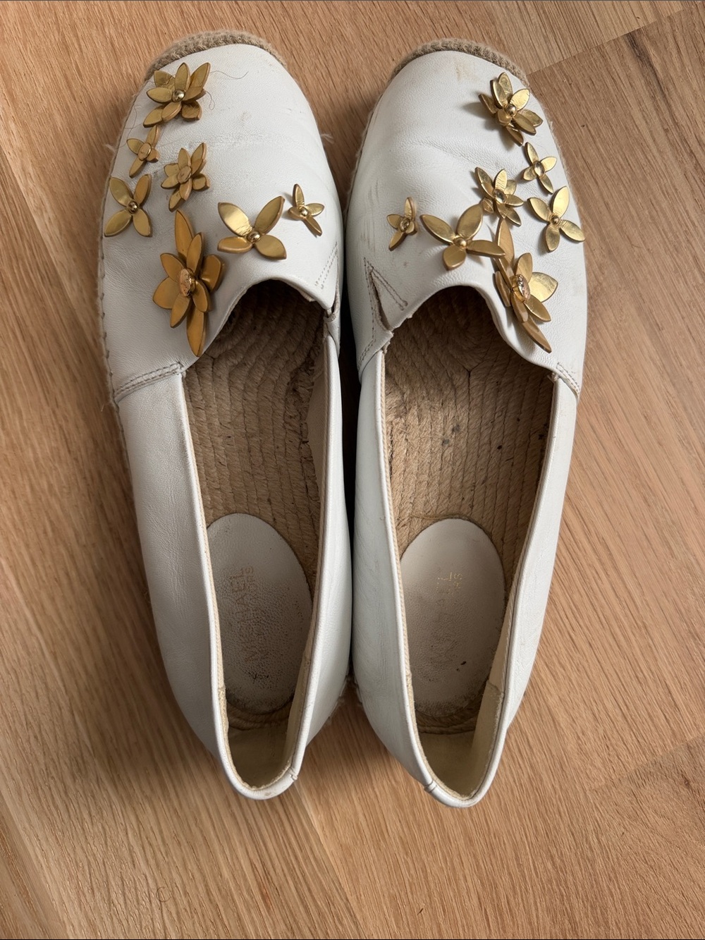 Michael Kors White Espadrille Slip-Ons with Gold Floral Embellishments
